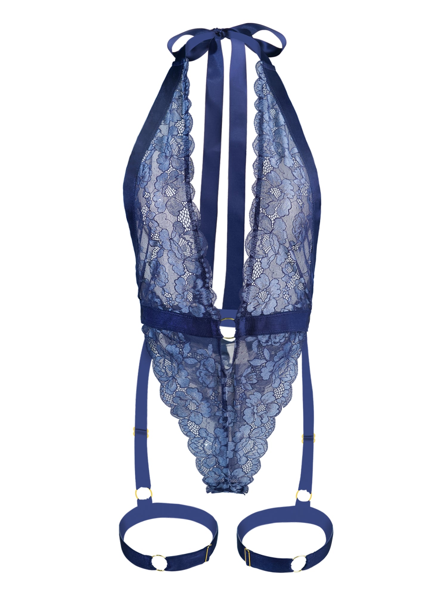 Deep Blue Lace Bodysuit Halter Neck Open Back Shapewear Hello.LA.Girl